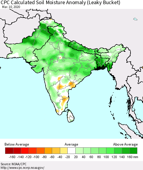 Southern Asia CPC Soil Moisture Departure from Normal (Leaky Bucket) Thematic Map For 3/6/2020 - 3/10/2020