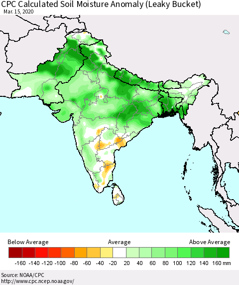 Southern Asia CPC Calculated Soil Moisture Anomaly (Leaky Bucket) Thematic Map For 3/11/2020 - 3/15/2020