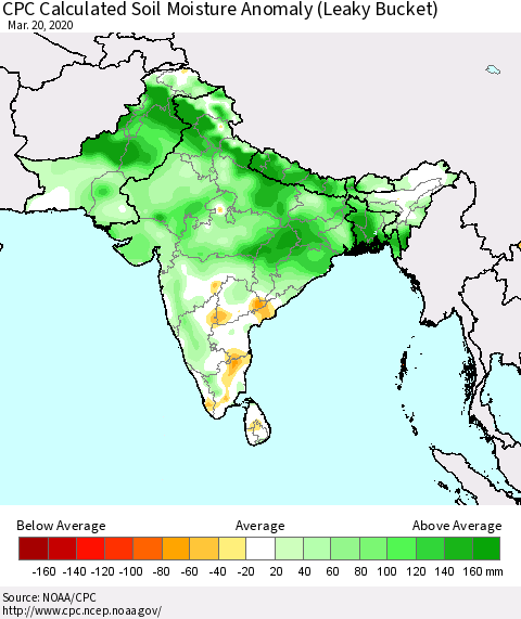 Southern Asia CPC Calculated Soil Moisture Anomaly (Leaky Bucket) Thematic Map For 3/16/2020 - 3/20/2020