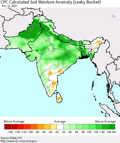 Southern Asia CPC Soil Moisture Departure from Normal (Leaky Bucket) Thematic Map For 3/26/2020 - 3/31/2020