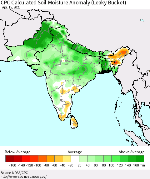 Southern Asia CPC Calculated Soil Moisture Anomaly (Leaky Bucket) Thematic Map For 4/11/2020 - 4/15/2020