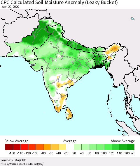 Southern Asia CPC Calculated Soil Moisture Anomaly (Leaky Bucket) Thematic Map For 4/16/2020 - 4/20/2020