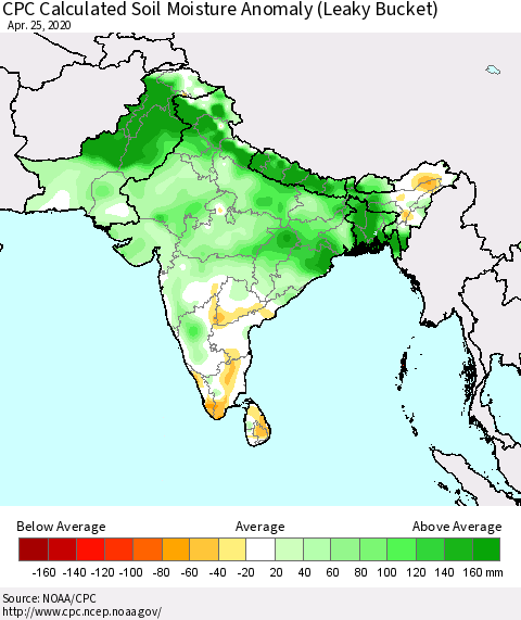 Southern Asia CPC Calculated Soil Moisture Anomaly (Leaky Bucket) Thematic Map For 4/21/2020 - 4/25/2020
