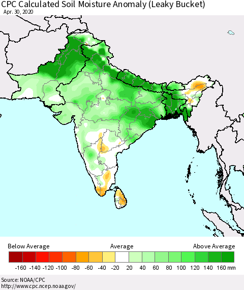 Southern Asia CPC Calculated Soil Moisture Anomaly (Leaky Bucket) Thematic Map For 4/26/2020 - 4/30/2020