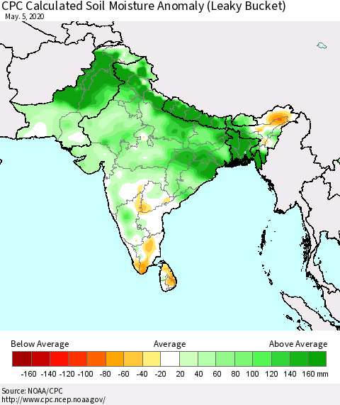 Southern Asia CPC Calculated Soil Moisture Anomaly (Leaky Bucket) Thematic Map For 5/1/2020 - 5/5/2020