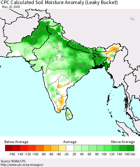 Southern Asia CPC Calculated Soil Moisture Anomaly (Leaky Bucket) Thematic Map For 5/6/2020 - 5/10/2020