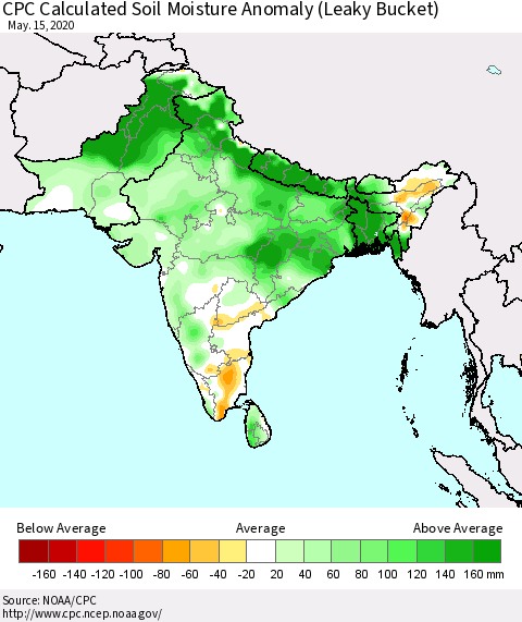 Southern Asia CPC Calculated Soil Moisture Anomaly (Leaky Bucket) Thematic Map For 5/11/2020 - 5/15/2020