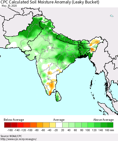Southern Asia CPC Soil Moisture Departure from Normal (Leaky Bucket) Thematic Map For 5/16/2020 - 5/20/2020