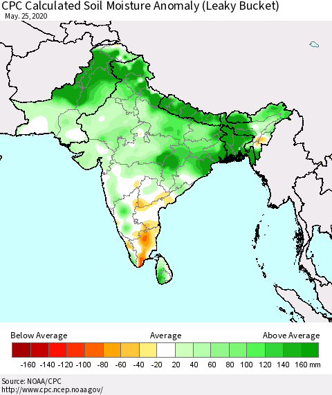 Southern Asia CPC Calculated Soil Moisture Anomaly (Leaky Bucket) Thematic Map For 5/21/2020 - 5/25/2020
