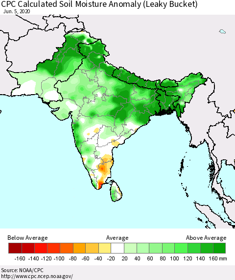 Southern Asia CPC Calculated Soil Moisture Anomaly (Leaky Bucket) Thematic Map For 6/1/2020 - 6/5/2020
