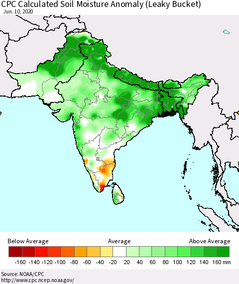 Southern Asia CPC Calculated Soil Moisture Anomaly (Leaky Bucket) Thematic Map For 6/6/2020 - 6/10/2020