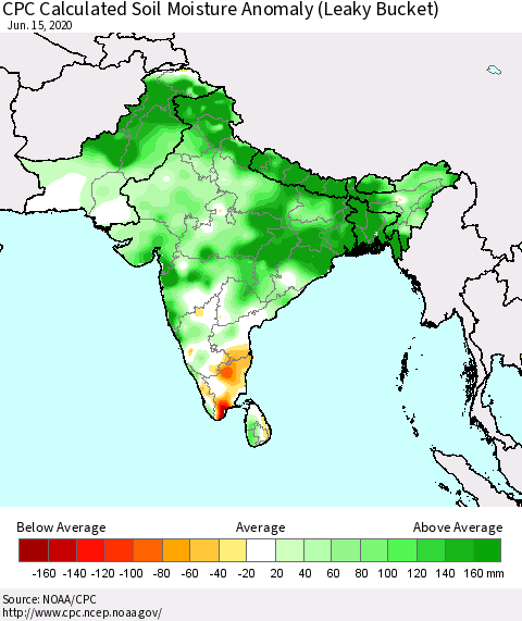 Southern Asia CPC Calculated Soil Moisture Anomaly (Leaky Bucket) Thematic Map For 6/11/2020 - 6/15/2020