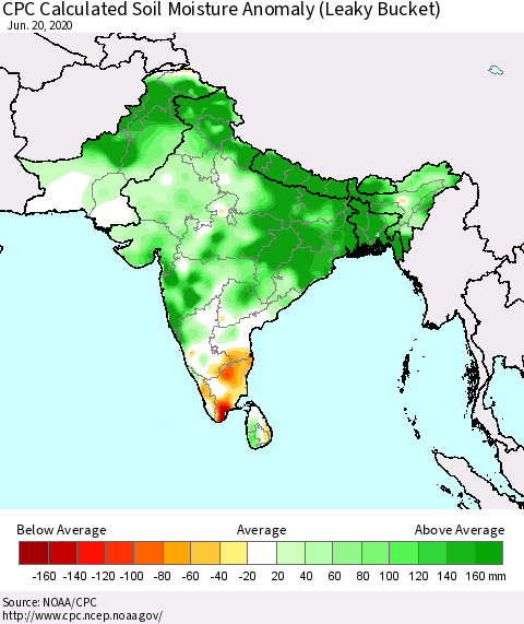 Southern Asia CPC Soil Moisture Departure from Normal (Leaky Bucket) Thematic Map For 6/16/2020 - 6/20/2020
