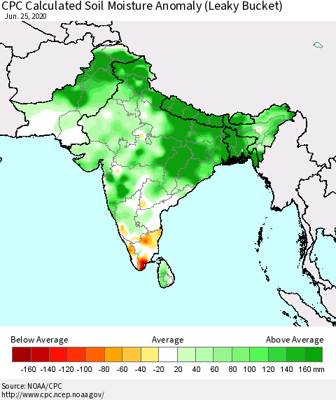 Southern Asia CPC Calculated Soil Moisture Anomaly (Leaky Bucket) Thematic Map For 6/21/2020 - 6/25/2020
