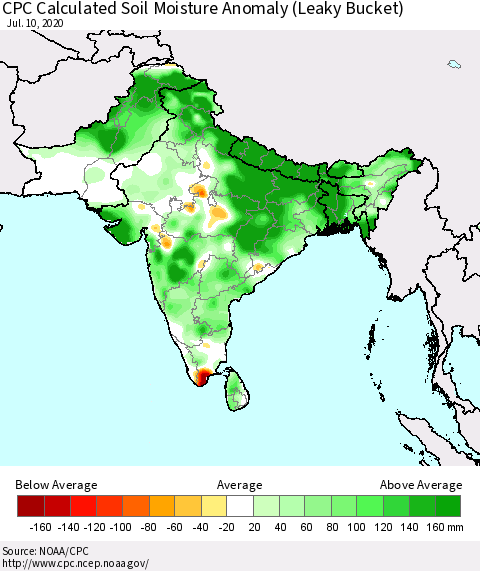 Southern Asia CPC Calculated Soil Moisture Anomaly (Leaky Bucket) Thematic Map For 7/6/2020 - 7/10/2020