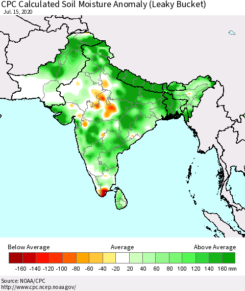 Southern Asia CPC Calculated Soil Moisture Anomaly (Leaky Bucket) Thematic Map For 7/11/2020 - 7/15/2020