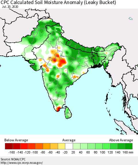 Southern Asia CPC Soil Moisture Departure from Normal (Leaky Bucket) Thematic Map For 7/16/2020 - 7/20/2020
