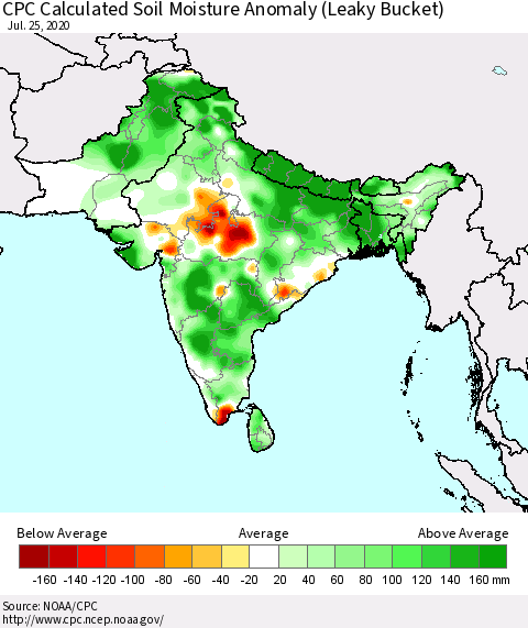Southern Asia CPC Calculated Soil Moisture Anomaly (Leaky Bucket) Thematic Map For 7/21/2020 - 7/25/2020