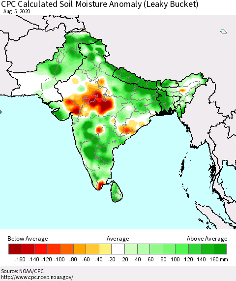 Southern Asia CPC Soil Moisture Departure from Normal (Leaky Bucket) Thematic Map For 8/1/2020 - 8/5/2020