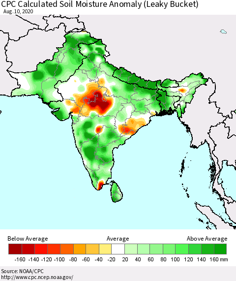 Southern Asia CPC Calculated Soil Moisture Anomaly (Leaky Bucket) Thematic Map For 8/6/2020 - 8/10/2020
