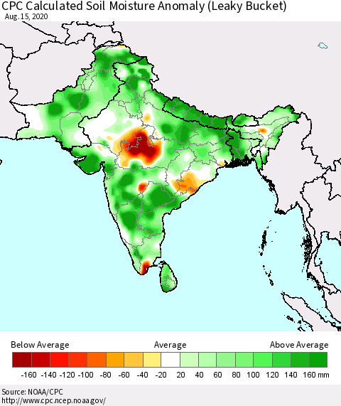 Southern Asia CPC Calculated Soil Moisture Anomaly (Leaky Bucket) Thematic Map For 8/11/2020 - 8/15/2020