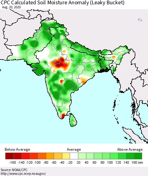 Southern Asia CPC Soil Moisture Departure from Normal (Leaky Bucket) Thematic Map For 8/16/2020 - 8/20/2020