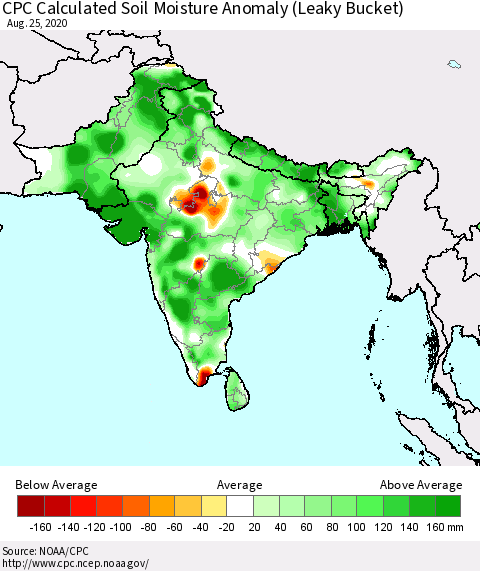 Southern Asia CPC Calculated Soil Moisture Anomaly (Leaky Bucket) Thematic Map For 8/21/2020 - 8/25/2020