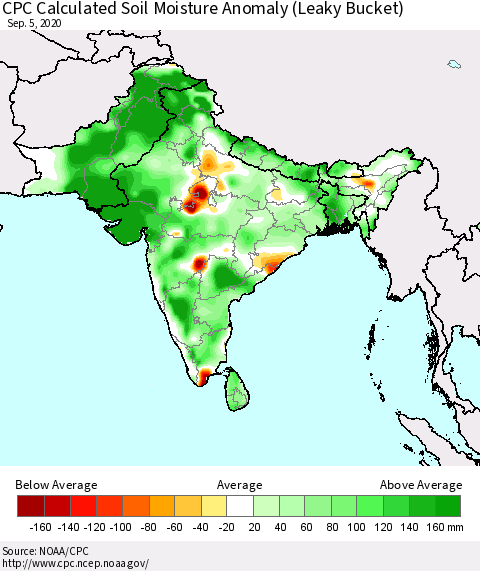 Southern Asia CPC Soil Moisture Departure from Normal (Leaky Bucket) Thematic Map For 9/1/2020 - 9/5/2020