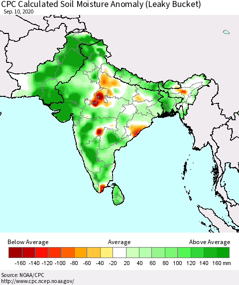 Southern Asia CPC Calculated Soil Moisture Anomaly (Leaky Bucket) Thematic Map For 9/6/2020 - 9/10/2020