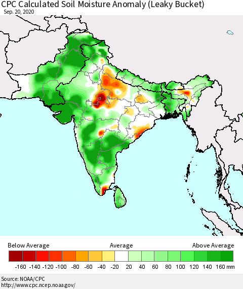 Southern Asia CPC Calculated Soil Moisture Anomaly (Leaky Bucket) Thematic Map For 9/16/2020 - 9/20/2020