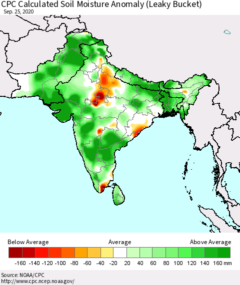 Southern Asia CPC Calculated Soil Moisture Anomaly (Leaky Bucket) Thematic Map For 9/21/2020 - 9/25/2020