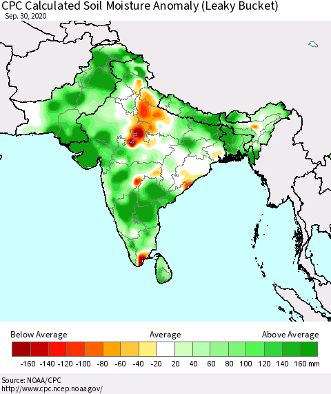 Southern Asia CPC Soil Moisture Departure from Normal (Leaky Bucket) Thematic Map For 9/26/2020 - 9/30/2020