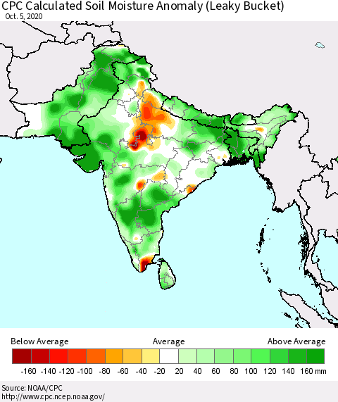 Southern Asia CPC Calculated Soil Moisture Anomaly (Leaky Bucket) Thematic Map For 10/1/2020 - 10/5/2020