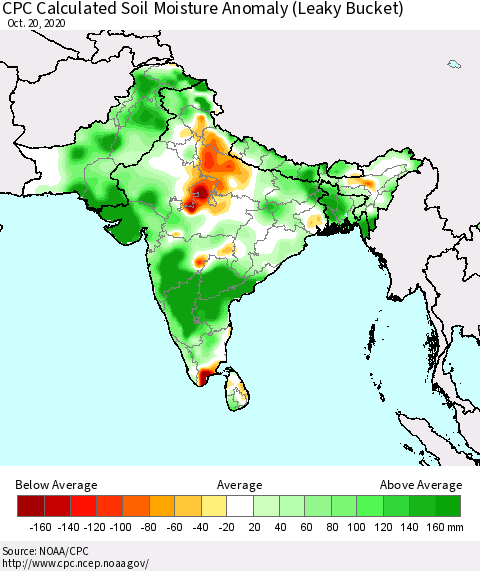 Southern Asia CPC Calculated Soil Moisture Anomaly (Leaky Bucket) Thematic Map For 10/16/2020 - 10/20/2020