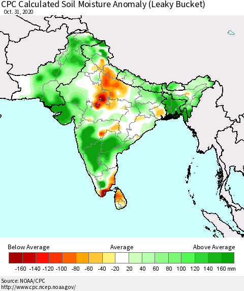 Southern Asia CPC Soil Moisture Departure from Normal (Leaky Bucket) Thematic Map For 10/26/2020 - 10/31/2020