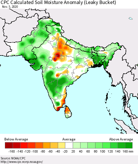 Southern Asia CPC Calculated Soil Moisture Anomaly (Leaky Bucket) Thematic Map For 11/1/2020 - 11/5/2020