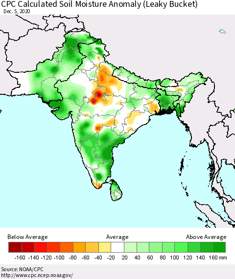 Southern Asia CPC Calculated Soil Moisture Anomaly (Leaky Bucket) Thematic Map For 12/1/2020 - 12/5/2020