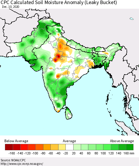 Southern Asia CPC Calculated Soil Moisture Anomaly (Leaky Bucket) Thematic Map For 12/6/2020 - 12/10/2020