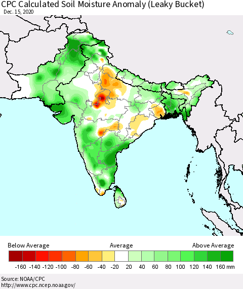 Southern Asia CPC Calculated Soil Moisture Anomaly (Leaky Bucket) Thematic Map For 12/11/2020 - 12/15/2020