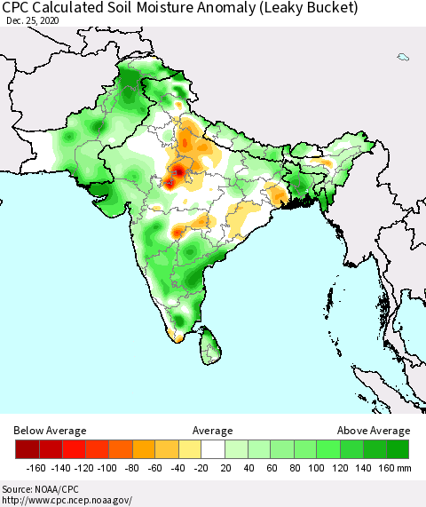 Southern Asia CPC Calculated Soil Moisture Anomaly (Leaky Bucket) Thematic Map For 12/21/2020 - 12/25/2020