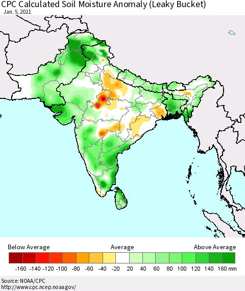 Southern Asia CPC Calculated Soil Moisture Anomaly (Leaky Bucket) Thematic Map For 1/1/2021 - 1/5/2021