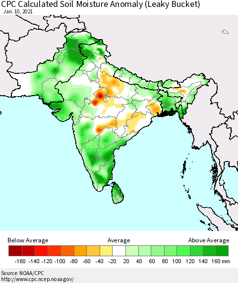 Southern Asia CPC Calculated Soil Moisture Anomaly (Leaky Bucket) Thematic Map For 1/6/2021 - 1/10/2021
