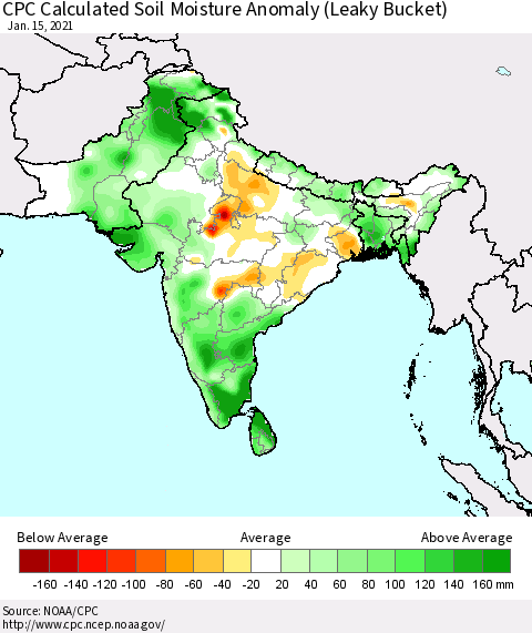 Southern Asia CPC Calculated Soil Moisture Anomaly (Leaky Bucket) Thematic Map For 1/11/2021 - 1/15/2021