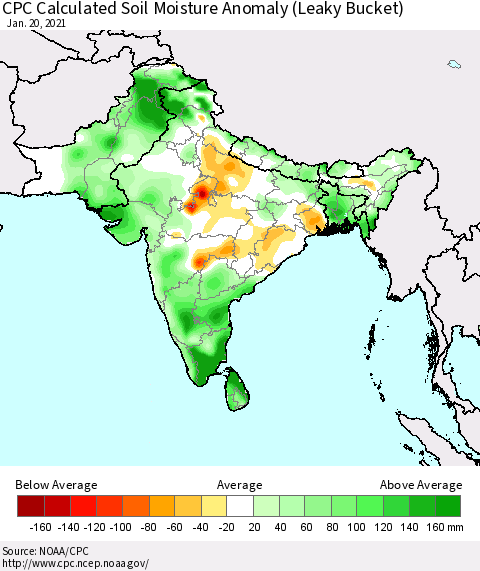 Southern Asia CPC Soil Moisture Departure from Normal (Leaky Bucket) Thematic Map For 1/16/2021 - 1/20/2021