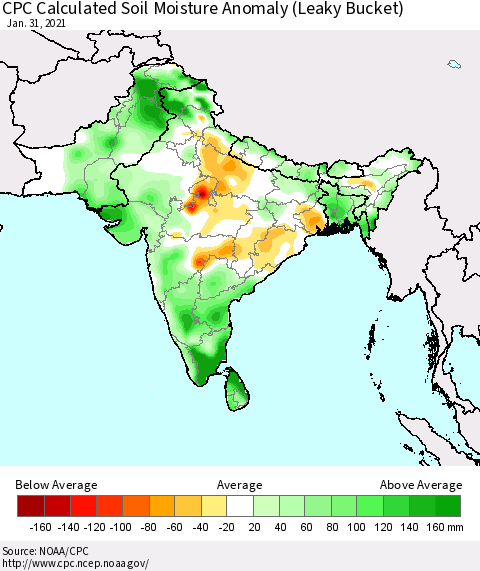 Southern Asia CPC Soil Moisture Departure from Normal (Leaky Bucket) Thematic Map For 1/26/2021 - 1/31/2021