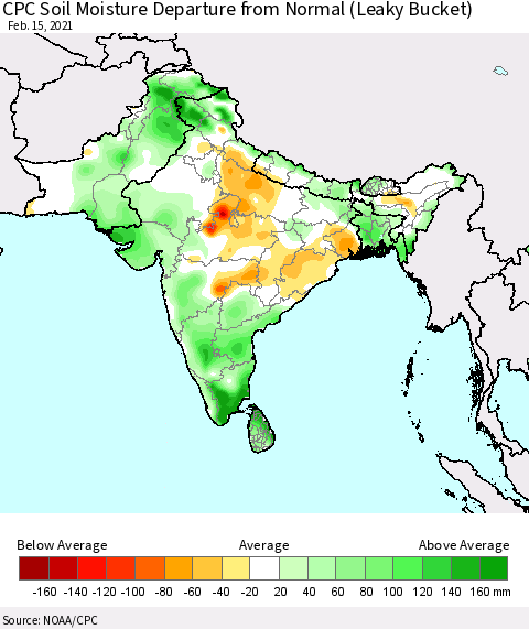 Southern Asia CPC Calculated Soil Moisture Anomaly (Leaky Bucket) Thematic Map For 2/11/2021 - 2/15/2021