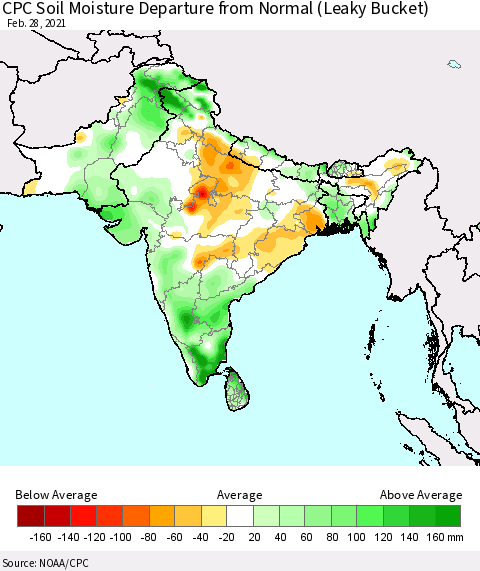 Southern Asia CPC Soil Moisture Departure from Normal (Leaky Bucket) Thematic Map For 2/26/2021 - 2/28/2021