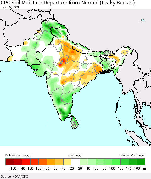 Southern Asia CPC Calculated Soil Moisture Anomaly (Leaky Bucket) Thematic Map For 3/1/2021 - 3/5/2021