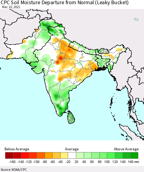 Southern Asia CPC Soil Moisture Departure from Normal (Leaky Bucket) Thematic Map For 3/6/2021 - 3/10/2021