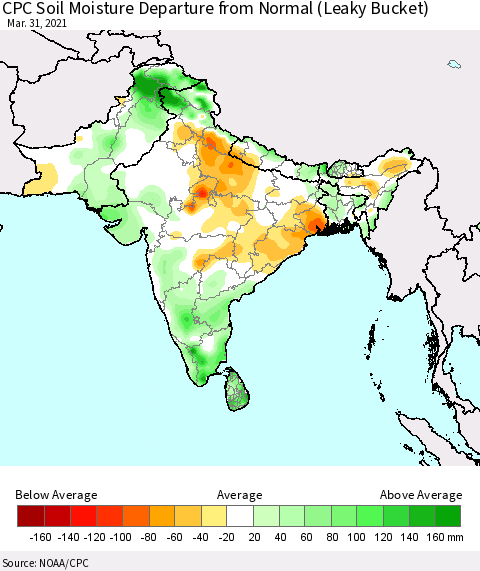 Southern Asia CPC Calculated Soil Moisture Anomaly (Leaky Bucket) Thematic Map For 3/26/2021 - 3/31/2021